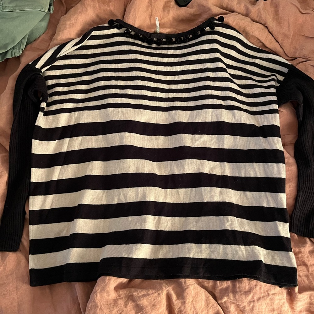 Free people black white striped Pom Pom sweater tassels large